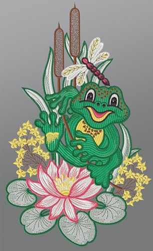 Plauener Spitze Fensterbild Frosch am Teich (BxH) 21cm x 26cm, Mehrfarbig, Fensterdekoration und Fensterschmuck im Sale